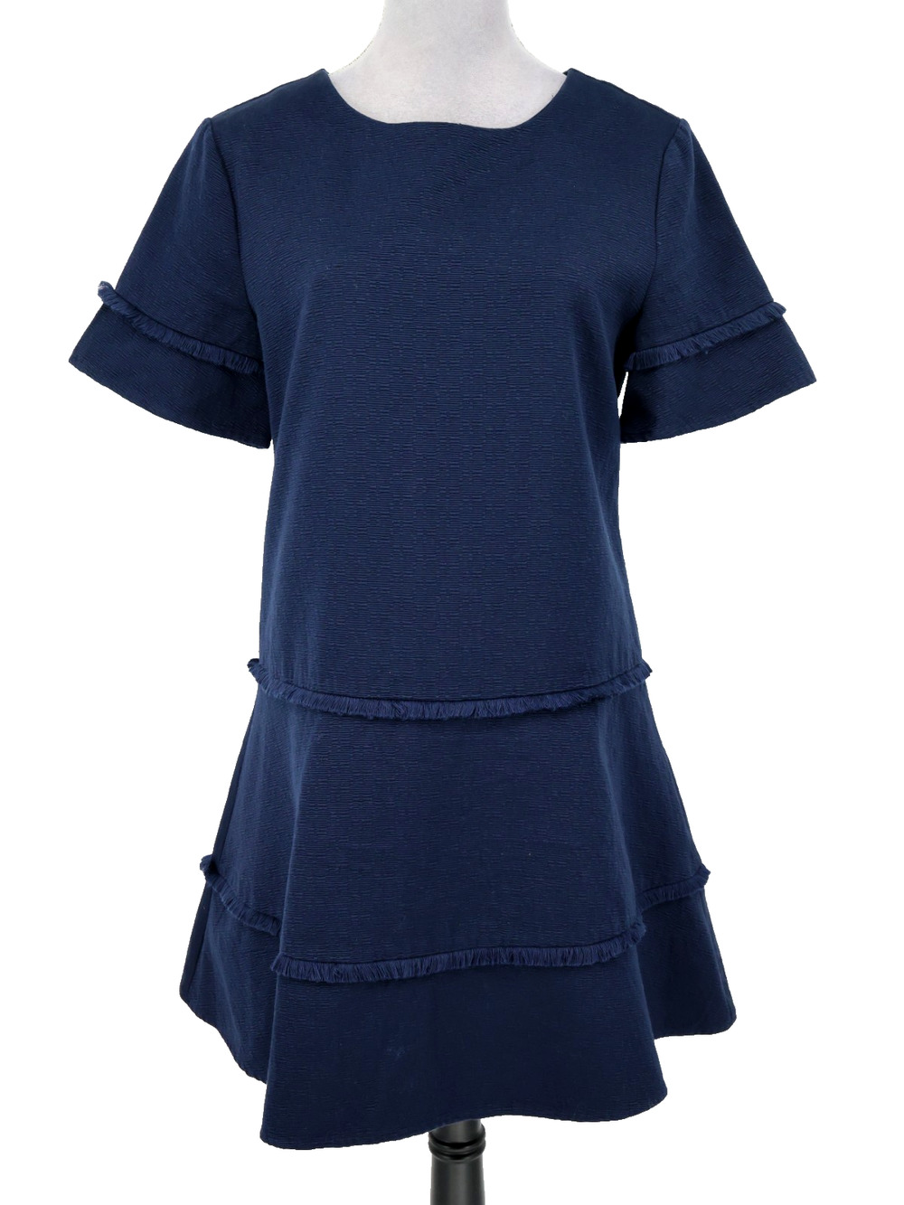Marie Oliver Dress Womens Medium Navy Blue Cotton Weave Zip Fringe Lined Trim